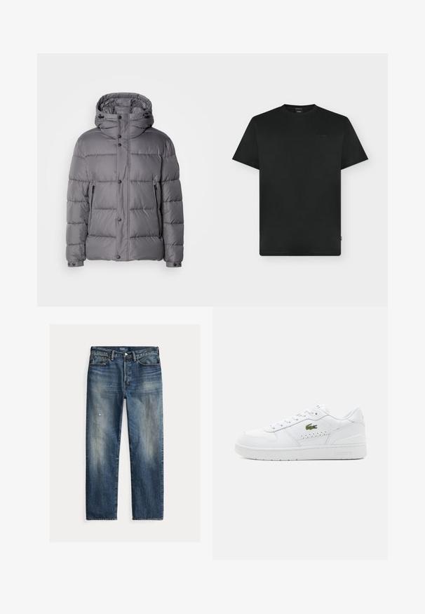 Graue gepolsterte Jacke mit Kapuze, Druckknopfverschluss und seitlichen Reißverschlusstaschen. Verfügt über ein gesteppte Design und eine glatte, glänzende Stofftextur.; Schwarzes, schlichtes T-Shirt mit kurzen Ärmeln und Rundhalsausschnitt, mit dezent geprägt eingestelltem Markenlogo auf der linken Brustseite und kleinem Seitenschild.; Locker geschnittene Jeans aus blauem Denim mit verwaschenem Finish, sichtbaren Gebrauchsspuren, gerader Silhouette und traditionellem Knopfverschluss.; Weiße Leder-Sneaker mit perforierten Akzenten, flachen Schnürsenkeln und einem kleinen grünen Logo an der Seite. Gummisohle und gepolsterter Kragen für Komfort.