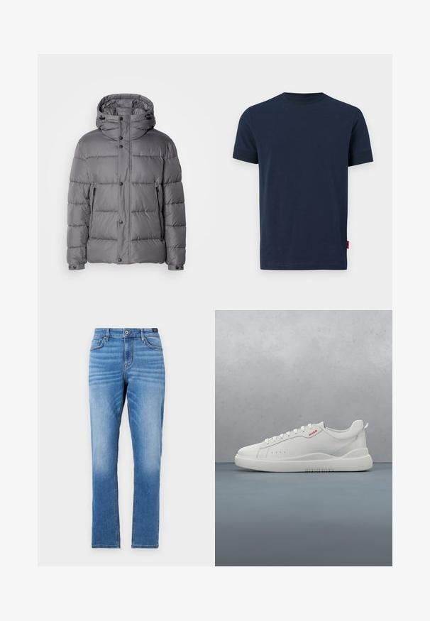 Graue gepolsterte Jacke mit Kapuze, Druckknopfverschluss und seitlichen Reißverschlusstaschen. Verfügt über ein gesteppte Design und eine glatte, glänzende Stofftextur.; Navyblaue Baumwoll-T-Shirt mit kurzen Ärmeln, Rundhalsausschnitt und einem kleinen roten Etikett-Akzent am unteren linken Saum. Weiche Textur, schlichtes Design.; Hellblaue Denim-Jeans mit geradem Schnitt, fünf Taschen, vorderem Knopfverschluss und dezenten Ausbleichungen an den Oberschenkeln.; Weiße Sneaker aus glattem Leder, runde Spitze, vier Ösen, dezente Perforationen und ein rotes Logodetail an der Seite.