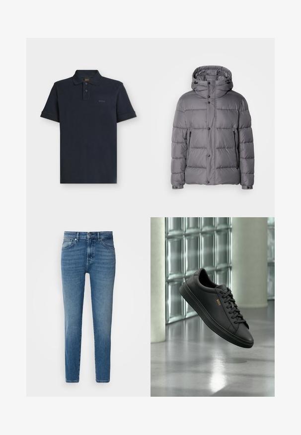 Veste rembourrée grise avec capuche, fermeture à boutons pression et poches zippées sur les côtés. Caractéristiques d'un design matelassé et d'une texture en tissu lisse et brillant.; Polo bleu marine à manches courtes avec patte de boutonnage deux boutons et logo discret "BOSS" sur la poitrine gauche.; Jeans en denim bleu clair avec une coupe droite, design traditionnel à cinq poches, fermeture par bouton en métal et décoloration subtile à l'avant.; Baskets basses en cuir noir avec lacets noirs et logo BOSS doré sur le côté, flottant au-dessus d’un sol gris brillant dans un espace intérieur moderne.