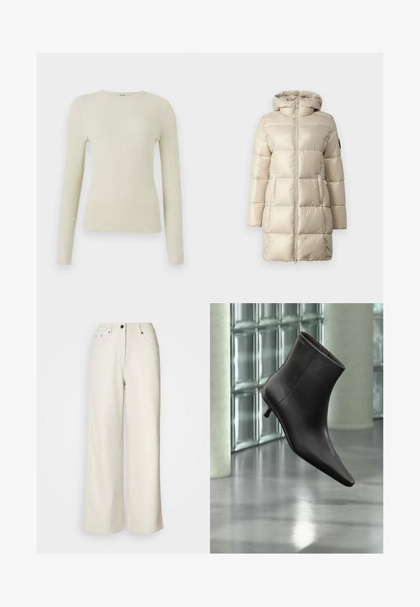 Abrigo acolchado en beige, con un diseño de cuadrícula, cierre de cremallera frontal y capucha. El material es brillante y suave, con bolsillos laterales y un acento de logo.; Top de manga larga ajustado en tejido texturizado verde claro con cuello redondo. Superficie lisa con un sutil acanalado, sin hardware visible ni acentos.; Pantalones de pierna ancha color crema, confeccionados en una tela suave. Cuentan con una cintura de altura media, cierre con cremallera y dos bolsillos delanteros con detalles en hardware negro.; Bota de cuero negro para el tobillo con puntera puntiaguda y tacón pequeño, exhibida frente a una pared de bloques de vidrio y un suelo pulido.