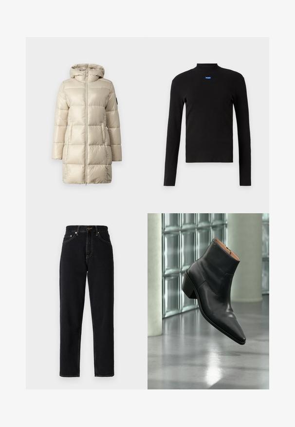 Beige Steppjacke mit einem gesteppten Design, einem Reißverschluss vorne und einer Kapuze. Das Material ist glänzend und glatt, mit seitlichen Taschen und einem Logo-Detail.; HUGO EASY - Langarmshirt - schwarz; Schwarze Jeans aus Denim mit geradem Bein, hoher Taille und Kontrastnähten. Verfügt über fünf Taschen und einen Reißverschluss.; Schwarzer Leder-Stiefelette mit spitzer Schuhspitze und Blockabsatz, der über einem reflektierenden grauen Boden nahe einer Glassteinwand schwebt.