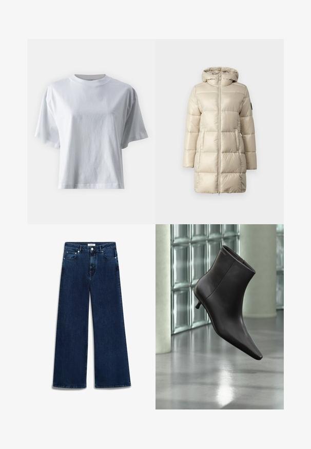 Beige Steppjacke mit einem gesteppten Design, einem Reißverschluss vorne und einer Kapuze. Das Material ist glänzend und glatt, mit seitlichen Taschen und einem Logo-Detail.; IVY OAK IOKYLA - T-Shirt basic - bright white; Weite Jeans in Dunkelblau mit leichtem Used-Look, fünf Taschen, Knopfverschluss und Gürtelschlaufen.; Schwarzer Leder-Knöchelstiefel mit spitzer Spitze und kleinem Absatz vor einer Wand aus Glasbausteinen und einem polierten Boden.