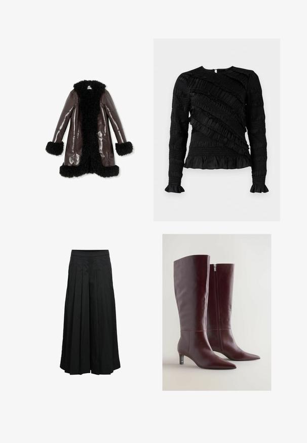 Bruine faux leren jas met zwarte fluffy details, voorzien van een kraag en manchetten. Het ontwerp heeft een glanzende afwerking en is knie-lengte.; Zwart langarmpul met gestructureerde ruffles in verschillende breedtes, met een ronde halslijn en uitlopende manchetten. Achterzijde met ritsluiting.; Zwarte broek met wijde pijpen, voorplooien en een hoge tailleband, gemaakt van gladde stof, weergegeven op een witte achtergrond.; Bordeaux leren laarzen tot aan de knie met een taps toelopende neus, decoratieve stiksels en een zijrits. Voorzien van een lage, slanke hak.