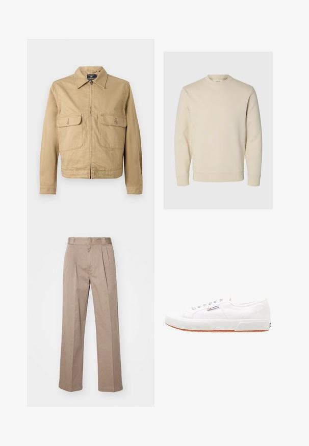 Beige Baumwolljacke mit Kragen, Reißverschluss vorne und zwei Brusttaschen. Verfügt über eine glatte Textur und ein kurzes, gerade geschnittenes Design.; Cremefarbenes Sweatshirt mit langen Ärmeln und Rundhalsausschnitt, mit gerippten Bündchen und Saum, auf einem einfachen hellen Hintergrund dargestellt.; Beige, hoch taillierte Hosen mit weit geschnittenem Design. Verfügbar mit zwei Vorderfalten und einer glatten Textur. Standardlänge mit einem sauberen Finish.; Weiße Leinensneaker mit Gummisohle, Schnürdesign und einem kleinen Logolabel an der Seite. Strukturierte weiße Oberseite und braune Außensohle.