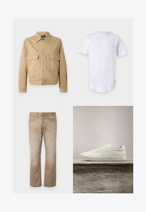 Beige Baumwolljacke mit Kragen, Reißverschluss vorne und zwei Brusttaschen. Verfügt über eine glatte Textur und ein kurzes, gerade geschnittenes Design.; Weißes T-Shirt mit kurzen Ärmeln aus Baumwolle. Rundhalsausschnitt mit abgerundetem Saum. Etikett auf der unteren linken Seite sichtbar. Glatte Textur.; Beige Denim-Jeans im Straight-Leg-Design mit fünf Taschen, Knopfverschluss und dezentem Verblassen des Stoffes.; Weiße Schnürsneaker, die über einer Holzbank mit grünem Laub im Hintergrund schweben und das Schuhdesign sowie die Textur zeigen.