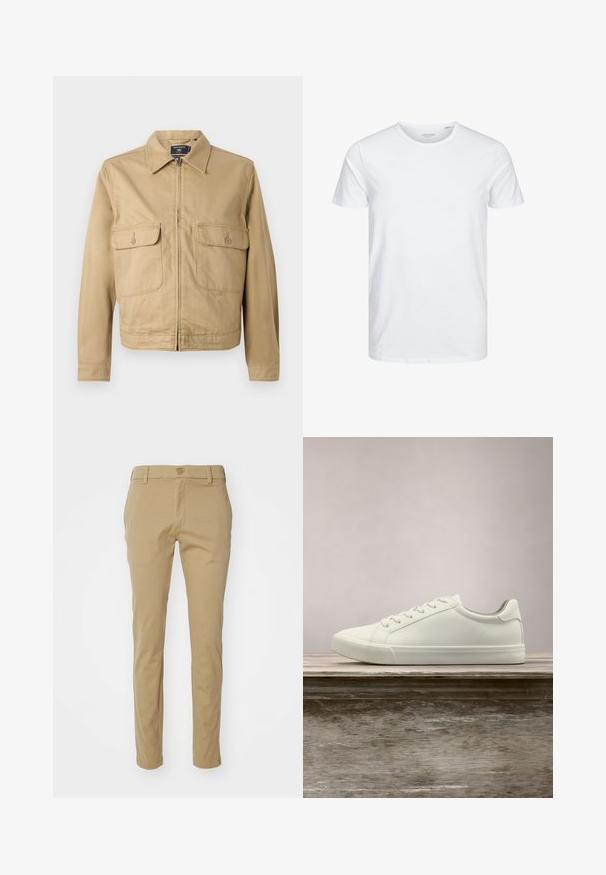 Veste en coton beige avec col, fermeture éclair sur le devant et deux poches poitrine. Présente une texture lisse et un design court à coupe droite.; T-shirt à col rond à manches courtes de couleur blanche unie, fabriqué en coton doux, avec un design simple sans motifs ni accents visibles.; Pantalons kaki en coton léger, avec une coupe ajustée, une texture lisse et une taille standard avec une fermeture à bouton supérieur.; Sneaker en dentelle blanche flottant au-dessus d'un banc en bois avec un feuillage vert en arrière-plan, mettant en valeur le design et la texture de la chaussure.