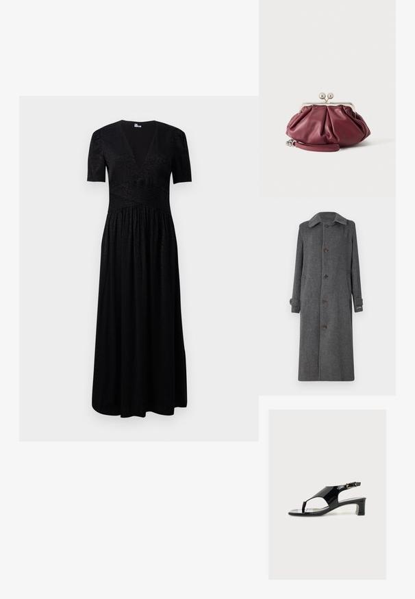 Manteau en laine gris avec un devant à boutons, un col évasé et deux poches latérales. Présente des manches longues et des poignets légèrement retroussés.; Robe maxi noire avec un décolleté en V profond, des manches courtes, un corsage texturé et une jupe froncée. Fabriquée en tissu léger avec des motifs subtils.; Sandale pour femme en cuir verni noir, talon bloc bas, bout ouvert, bride arrière et petite boucle dorée sur fond uni.; Petite pochette en cuir bordeaux avec fermoir en métal argenté et bracelet pour poignet sur fond blanc.