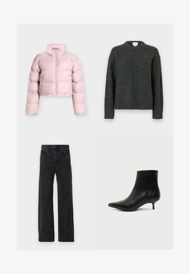 Doudoune courte rose clair avec manches longues, fermeture éclair devant, poches latérales et petit logo blanc "CK" sur la poitrine gauche.; Pull en tricot gris foncé avec un col rond, des poignets et un ourlet côtelés. Il présente des lignes texturées verticales sur le devant et est fabriqué dans un matériau doux et chaud.; Jean en denim noir à coupe large, avec un style classique à cinq poches, fermeture à bouton et légère décoloration.; Bottine en cuir noir avec bout pointu et petit talon kitten sur fond clair, vue côté extérieur.