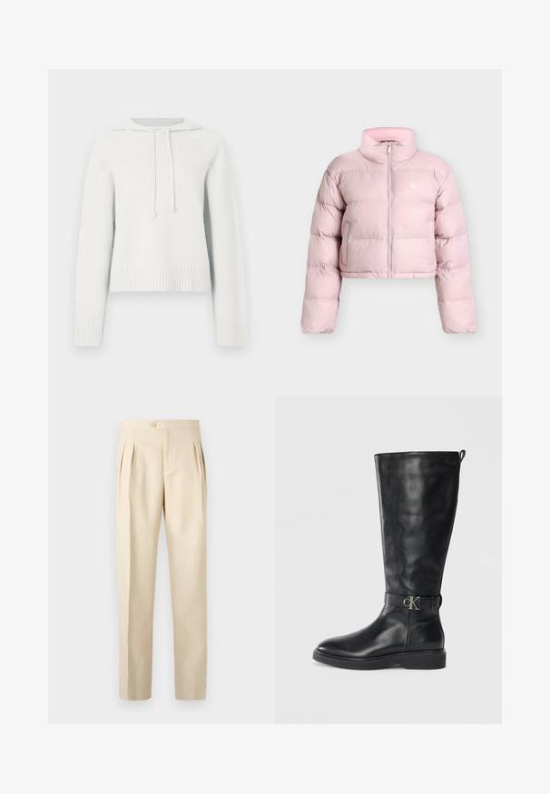 Doudoune courte rose clair avec manches longues, fermeture éclair devant, poches latérales et petit logo blanc "CK" sur la poitrine gauche.; Sweatshirt à capuche blanche avec manches longues, poignets et ourlet côtelés, tissu texturé, cordons de serrage au niveau du col, et un design court.; Pantalons beiges taille haute avec plis avant, fermeture à bouton unique et coupe droite. Fabriqués à partir d'un tissu texturé et tissé.; Botte noire en cuir montante jusqu'au genou avec un petit talon, bout rond et une sangle à boucle métallique avec le logo "CK" autour de la cheville.