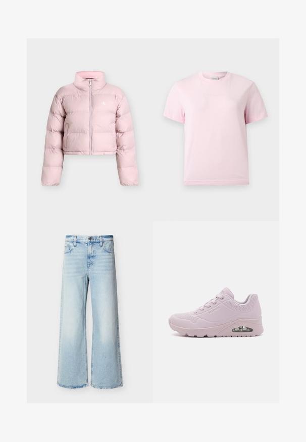 Lichtroze korte pufferjas met lange mouwen, ritssluiting aan de voorkant, zijzakken en een klein wit "CK"-logo op de linkerborst.; Lichtroze T-shirt met korte mouwen en ronde hals, voorzien van een subtiel reliëf "Calvin Klein"-logo in het midden van de borst.; Lichtblauwe jeans met hoge taille en wijde pijpen, voorzien van voorzakken, riemlussen en een knoopsluiting.; Lichtroze sneaker met een glad bovenwerk van synthetisch materiaal, geperforeerde details, een ronde neus, vetersluiting en een zichtbare luchtkusseningseenheid in de zool.