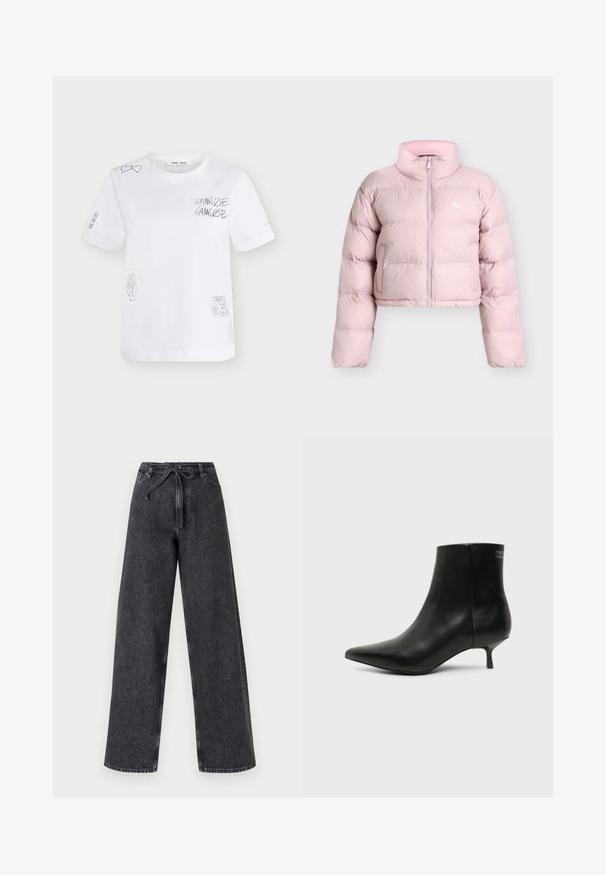 Doudoune courte rose clair avec manches longues, fermeture éclair devant, poches latérales et petit logo blanc "CK" sur la poitrine gauche.; T-shirt blanc manches courtes avec dessin en lignes noires comprenant des cœurs, le texte « SAMSOE SAMSOE », une fleur, un soleil et de petites pièces sur les manches et sur le devant.; Jean en denim noir taille haute et jambes larges avec une fermeture à cordon. Présente une texture délavée et des détails de couture subtils.; Bottine en cuir noir avec bout pointu et petit talon kitten sur fond clair, vue côté extérieur.