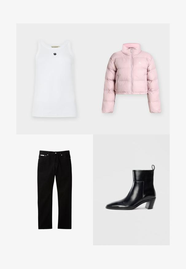Lichtroze korte pufferjas met lange mouwen, ritssluiting aan de voorkant, zijzakken en een klein wit "CK"-logo op de linkerborst.; Witte mouwloze tanktop van katoen, met een ronde halslijn en een klein zwart berenlogo in het midden. Soepele textuur.; Zwarte denim jeans met een rechte pijp, voorzien van een knoop- en ritssluiting, vijf zakken en een klein logovlaggetje op de tailleband.; Zwarte leren enkelboot met een spitse neus, een geometrische gestapelde hak en een trekband aan de achterkant. Gladde textuur en slank ontwerp.