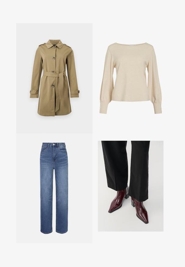 Beiger knielanger Trenchcoat mit Knopfverschluss, Taillengürtel, Schulterklappen und Manschettenriemen.; Cremefarbener Strickpullover mit weitem Ausschnitt, langen Puffärmeln und Knopfdetails an den Bündchen. Weiche Textur und legerer Schnitt.; Hellblaue Jeans aus Denim mit hohem Bund, geradem Bein, Fünf-Taschen-Design und dezenten Verwaschungseffekten im Stoff.; Burgunderfarbene Lackleder-Ankle Boots mit spitzer Zehe, klobigem Absatz und strukturierter Oberfläche, kombiniert mit schwarzen, weit geschnittenen Hosen.