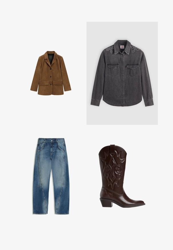 Brun ruskindblazer med tre sorte knapper, to forlommer med klap, lange ærmer og revers med hak.; Sort denimskjorte med lange ærmer, krave med spids, to brystlommer, sølvnagle detaljer på skuldrene, knaplukning foran.; Blå denimjeans med falmede sektioner og synlige syninger, med forlommer og en knaplukning i taljen.; Brun cowboystøvle i læder med indviklede sømme, spids snude og stablet hæl. Har en træktab i toppen for nem påtagning.