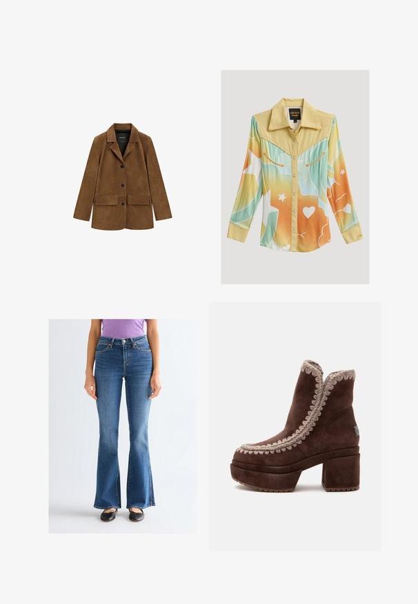 Brun ruskindblazer med tre sorte knapper, to forlommer med klap, lange ærmer og revers med hak.; Langærmet western-skjorte med gul bærestykke, gradient i pastelblå, orange og hvide mønstre, trykknapper og dekorative pil-syninger på brystlommerne.; Kvinde iført blå jeans med høj talje og bootcut, sorte ballet flats og en lilla kortærmet skjorte, står mod en ensartet lys baggrund.; Brun ruskind ankle støvle med chunky hæl og platform, med beige fletkant langs toppen og forkanten.