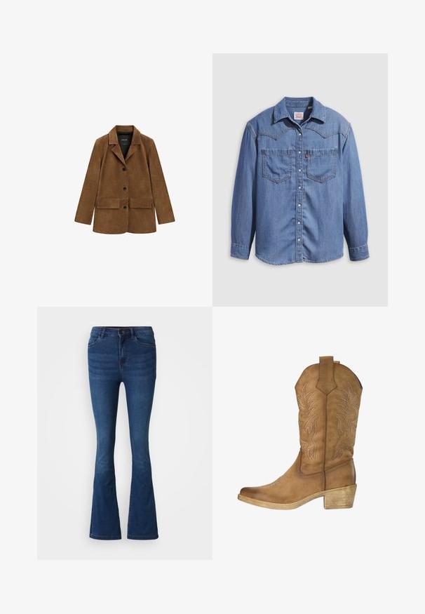 Bruine suède blazer met drie zwarte knopen, twee voorflapzakken, lange mouwen en een notch-reverskraag.; Lichtblauw denimshirt met een puntkraag, twee borstzakken en drukknopen. Voorzien van een westernstijl yoke-ontwerp.; Donkerblauwe spijkerbroek met flared pijpen, met voor- en achterzakken, knoop- en ritssluiting, en vervaagde details op de dijen en knieën.; Leren cowboylaars in kastanjebruin met decoratieve stiksels, tot halverwege de kuit en een gestapelde houten hak.