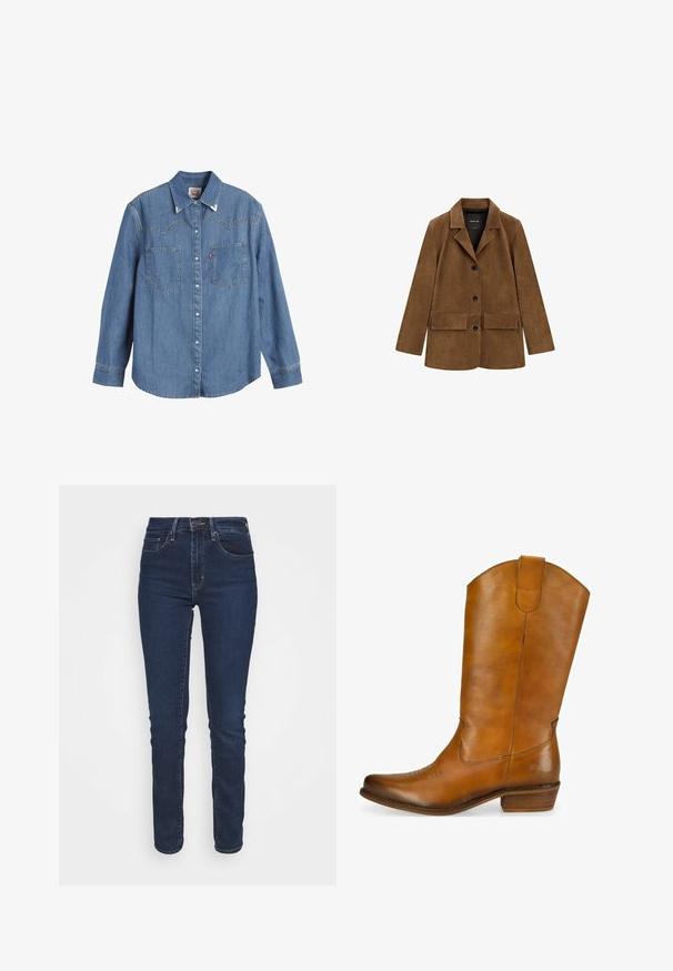 Brun ruskindblazer med tre sorte knapper, to forlommer med klap, lange ærmer og revers med hak.; Lys blå denimskjorte med lange ærmer, spids krave, to brystlommer og kontraststing. Har et western-inspireret yoke-design.; Mørkeblå denimjeans med slim fit, medium høj talje, forlommer og lynlåslukning. Stofoverfladen har en glat tekstur.; Brune læder cowboystøvle med en glat overflade, bøjet top, dekorativ broderi på tåen og en lav stablet hæl. Brun accentlogo på siden.