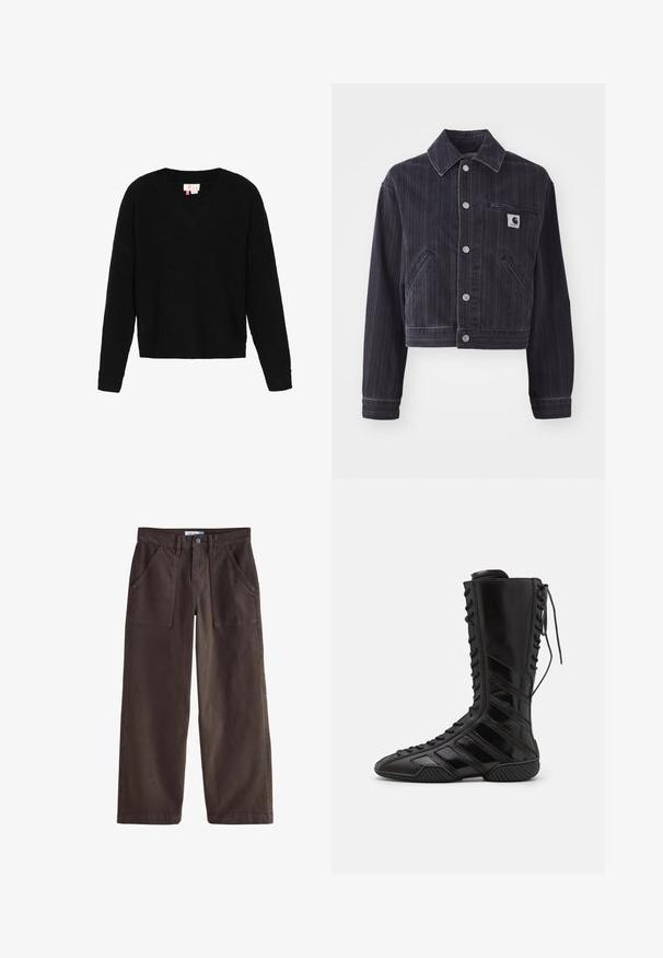 Tummansinisestä denim-takkista, jossa on pystysuorat raidat, lyhyt malli, nappikaulus, etupuolen nappikiinnitys ja rinnassa logo-patchilla varustettu rintatasku.; Musta pitkähihainen neulepaita, jossa on V-pääntie ja joustavat hihansuut, esillä valkoisella taustalla.; Tummanruskeat leveät housut, joissa on etupuolen läpälliset taskut, vyölenkit ja napituksella varustettu vyötärö, esitelty valkoista taustaa vasten.; Musta korkeavartiset saappaat kiiltävästä synteettisestä materiaalista, joissa on monimutkainen nauhaköynnösmuotoilu ja vinot raidat sivuilla.