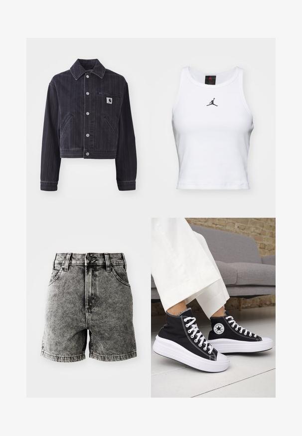 Donker denimjack met verticale strepen, cropped ontwerp, puntkraag, sluiting met knopen aan de voorkant en borstzak met merkembleem.; Witte crop tanktop van katoen met een ribbeltextuur. Beschikt over een zwart Jordan-logo in het midden en een klassieke ronde hals.; Zwarte denim shorts met een hoge taille, vijf zakken en een versleten textuur met zichtbare stiksels en metalen hardware details.; Zwarte hoge sneakers met witte rubberen zolen en veters. Voorzien van een ronde logo patch en contrasterende witte stiksels. Gemaakt van canvas.