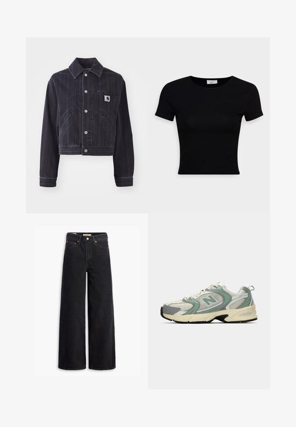 Veste en denim foncé avec des rayures verticales, design court, col à pointes, fermeture à boutons sur le devant et poche poitrine avec écusson logo.; T-shirt noir à manches courtes en coton lisse, avec un col rond et une coupe ajustée. Minimaliste, sans motifs visibles.; Jean noir à jambe large en denim, comportant cinq poches, des rivets en laiton et une fermeture à bouton classique. Texture lisse avec un design épuré.; Baskets de sport New Balance blanches et vert clair en tissu en maille, avec une semelle beige et un semelle noire, présentées de côté sur un fond uni.