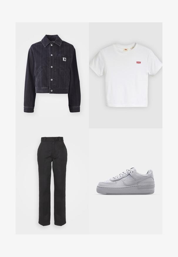 Mørk denimjakke med vertikale striber, cropped design, spidse kraver, frontlukning med knapper og brystlomme med logo-patch.; Hvid T-shirt med korte ærmer og rund halsudskæring med lille rødt Levi's-logo på venstre bryst.; Sorte bukser med en glat tekstur, lige ben-udskæring og bæltestrop. Har en enkel, klassisk silhuet uden yderligere mønstre.; Grå Nike Air Force 1 sneakers med perforeret tå, glat læderoverdel, tyk sål og præget 'AIR' detalje på hælen.