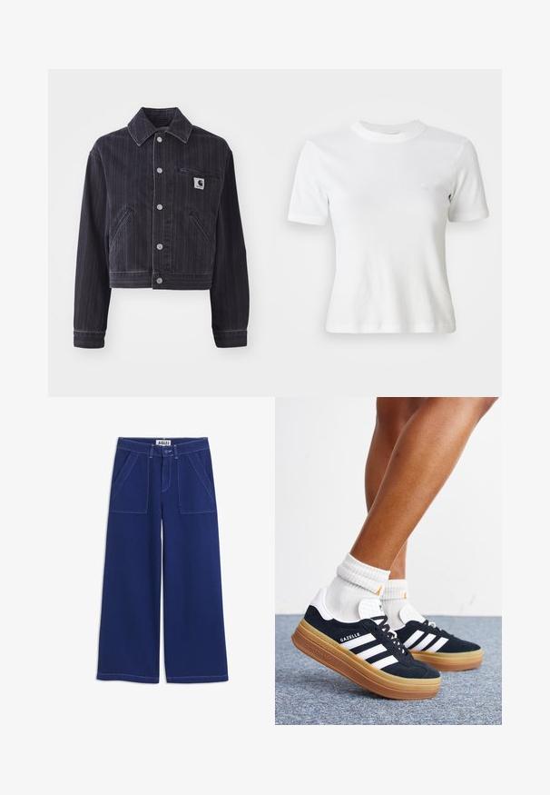 Veste en denim foncé avec des rayures verticales, design court, col à pointes, fermeture à boutons sur le devant et poche poitrine avec écusson logo.; T-shirt blance à manches courtes en côte, avec un col rond et un petit logo sur la poitrine. Fabriqué en tissu doux avec une coupe ajustée.; Pantalon large bleu marine avec poches plaquées à l'avant, passants de ceinture, fermeture par bouton et coutures blanches visibles sur fond blanc.; Jambes portant des chaussettes blanches et des baskets Adidas Gazelle noires avec des bandes blanches et des semelles épaisses marron sur un sol recouvert de moquette grise.