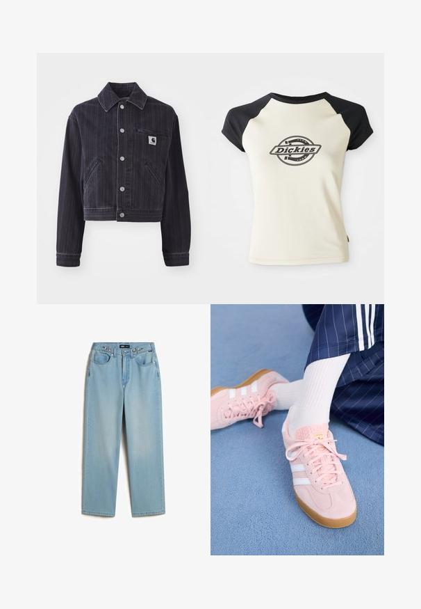 Dunkelblaue Jeansjacke mit vertikalen Streifen, verkürztem Design, Reverskragen, Knopfverschluss vorne und Brusttasche mit Logo-Patch.; Cremfarbene T-Shirt mit schwarzen Raglanärmeln, das ein kreisförmiges Logo mit dem Text "Dickies" in der Mitte auf weißem Hintergrund zeigt.; Vans CINCHED CHECK - Baggy Jeans - light stonewash; Hellrosa Wildleder-Sneaker mit weißen Streifen und Schnürsenkeln, ausgestattet mit einer strukturierten Zunge und einer Gummisohle, auf einem blauen Teppich platziert.