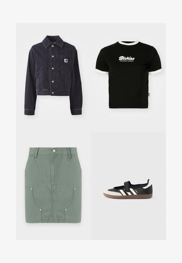 Donker denimjack met verticale strepen, cropped ontwerp, puntkraag, sluiting met knopen aan de voorkant en borstzak met merkembleem.; Zwarte katoenen t-shirt met witte ribbelboord bij de hals en mouwranden. Voorzien van een witte logo tekst aan de voorkant: "Dickies Workwear Company." Korte mouwen.; Groene katoenen rok met een fitted ontwerp, voorzien van voorzakken, een gladde textuur en metalen hardwareaccenten op de zakken.; Zwart-beige sneaker met een klittenbandsluiting, drie witte strepen aan de zijkant en een getextureerde bruine rubberen zool. Merkembleem zichtbaar.