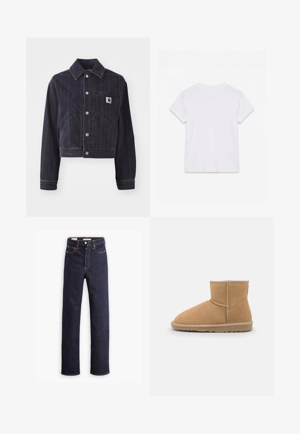 Dunkelblaue Jeansjacke mit vertikalen Streifen, verkürztem Design, Reverskragen, Knopfverschluss vorne und Brusttasche mit Logo-Patch.; Schlichtes weißes kurzärmliges Baumwoll-T-Shirt mit Rundhalsausschnitt, flach auf einem weißen Hintergrund liegend.; Dunkelblaue gerade geschnittene Denim-Jeans mit fünf Taschen und sichtbaren orangefarbenen Nähten auf einem weißen Hintergrund.; Beige Wildleder-Ankle-Boot mit abgerundeter Zehenpartie und gepolsterter Lasche, versehen mit kontrastierenden Nähten und einer strukturierten Gummisohle.