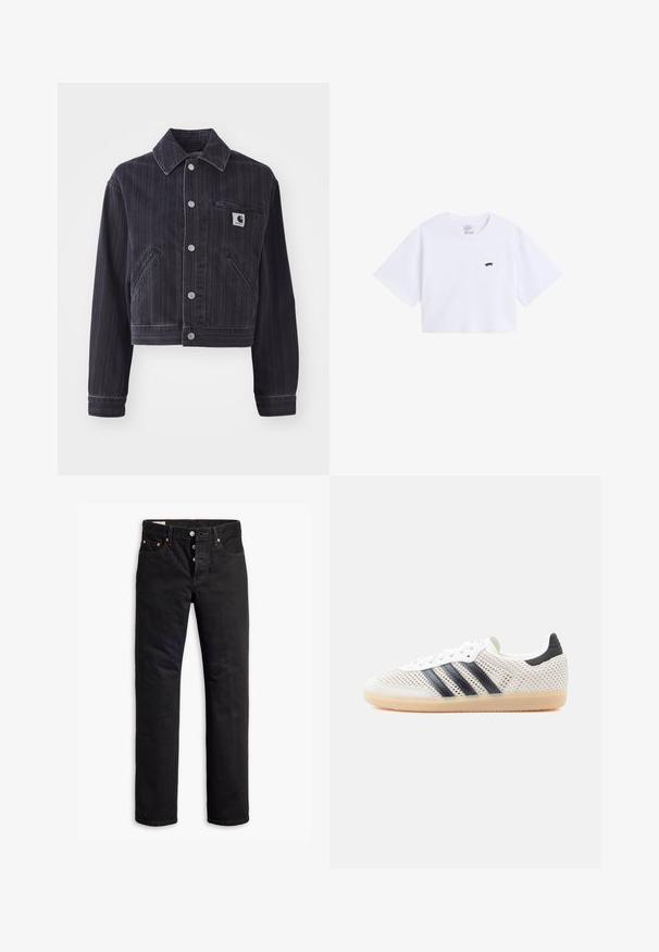 Donker denimjack met verticale strepen, cropped ontwerp, puntkraag, sluiting met knopen aan de voorkant en borstzak met merkembleem.; Witte cropped T-shirt van katoen, met korte mouwen en een klein zwart skateboardlogo op de linkerborst.; Zwarte denim jeans met een rechte snit, vijf-pocket ontwerp en een knoopsluiting. Beschikt over koperen klinknagels en stikselaccenten.; Witte sneakers van mesh met een zwart ontwerp van drie strepen, een ronde neus en een rubberen gumzool. Voorzien van een zachte hielkraag en een vetersluiting.