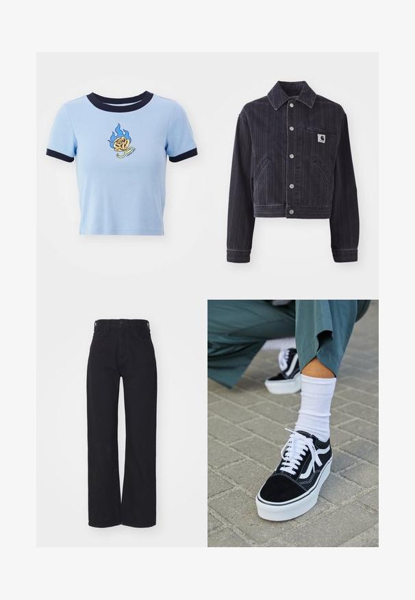 Donker denimjack met verticale strepen, cropped ontwerp, puntkraag, sluiting met knopen aan de voorkant en borstzak met merkembleem.; Lichtblauw cropped T-shirt met korte mouwen en een marineblauwe ribboord. Heeft een vlam-geborduurde gele roos en tekst eronder. Zachte stoftextuur.; Zwarte hoge taille wijdlopende jeans met een sluiting aan de voorkant met knoop en rits, ceintuurlussen en twee voorzakken op een witte achtergrond.; Zwarte suède sneaker met witte accenten en veters, uitgerust met een dikke witte zool en contrasterende stiksels, gecombineerd met een witte sok.