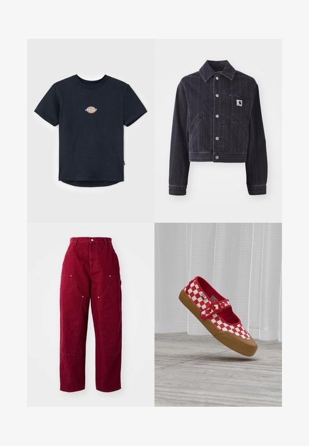 Donker denimjack met verticale strepen, cropped ontwerp, puntkraag, sluiting met knopen aan de voorkant en borstzak met merkembleem.; Zwarte katoenen t-shirt met korte mouwen, ronde hals, en een klein multikleurig logo op de borst. Rechte zoom met een iets langere achterkant.; Bordeaux wijde broek van katoen, met twee grote zijzakken, een knoopsluiting en een relaxed fit met zichtbare stikseldetails.; Rood-witte slip-on schoen met dambordpatroon, een bruine rubberen zool en een rood gespbandje, zwevend boven een houten vloer met witte gordijnen op de achtergrond.