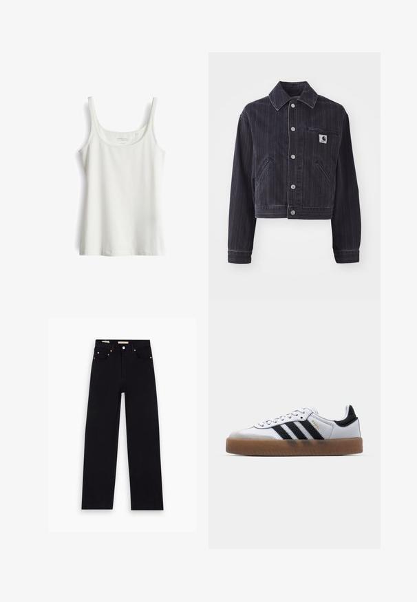 Donker denimjack met verticale strepen, cropped ontwerp, puntkraag, sluiting met knopen aan de voorkant en borstzak met merkembleem.; Witte, mouwloze tanktop met een ronde halslijn. Gemaakt van zachte, gladde stof. Heeft een simpele, rechte zoom zonder patronen of accenten.; Zwarte denim jeans met een recht model, vijf zakken, koperen hardware en een gladde textuur. Twee labels zichtbaar op de tailleband.; Witte leren sneakers met zwarte strepen, gumrubberen buitenzool, ronde neus, vetersluiting en een zachte grijze suède neuskap.