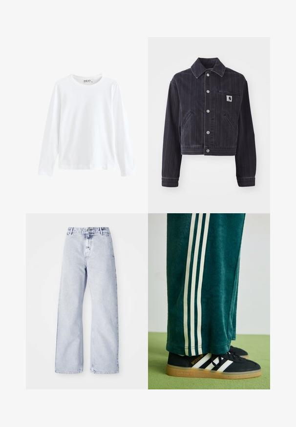 Mørk denimjakke med vertikale striber, cropped design, spidse kraver, frontlukning med knapper og brystlomme med logo-patch.; Hvid langærmet T-shirt lavet af bomuld med rund hals og enkelt design, med en jævn tekstur og ingen synlige mønstre eller accenter.; Lysblå denim brede bukser med høj talje, knaplukning og fem-lomme design. Blød tekstur og synlige sømdetaljer.; Grønne teksturerede bukser med hvide sidelince, parret med sorte Adidas sneakers med tre hvide striber og en gummisål.