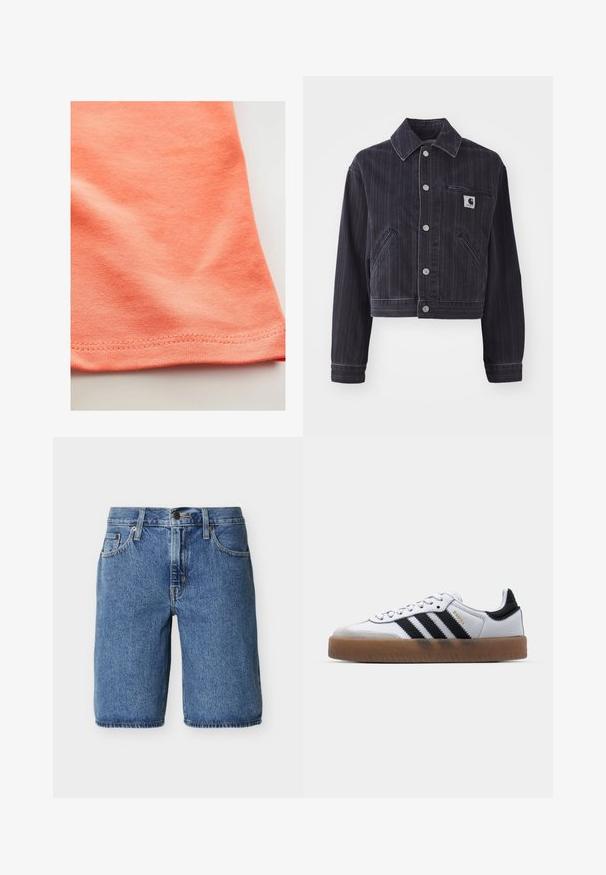 Chaqueta de mezclilla oscura con rayas verticales, diseño corto, cuello puntiagudo, cierre delantero de botones y bolsillo en el pecho con parche de logo.; Camiseta de manga corta en un color naranja coral, hecha de una suave tela de algodón con un ligero estiramiento. Presenta un dobladillo curvado y costuras finas.; Pantalones cortos de mezclilla azul hasta la rodilla con botón y cremallera delanteros, bolsillos delanteros y trabillas para cinturón sobre un fondo claro y liso.; Zapatillas de cuero blancas con rayas negras, suela de goma, puntera redonda, cierre de cordones y caperuza de ante gris suave.