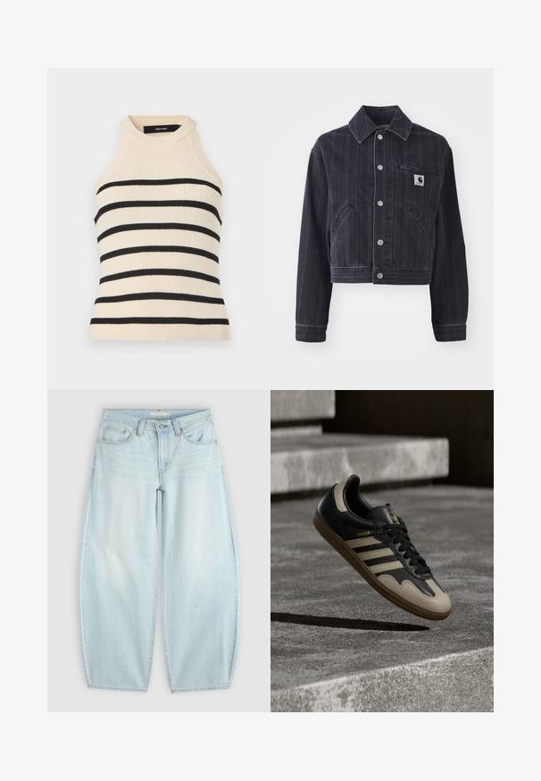 Mørk denimjakke med vertikale striber, cropped design, spidse kraver, frontlukning med knapper og brystlomme med logo-patch.; Ærmeløs top med ribstrik i creme med sorte horisontale striber. Design med høj hals. Blød tekstur, kropsnær silhuet og minimalistisk æstetik.; Lyseblå jeans med vid ben, knap- og lynlås lukning, forlommer og bæltestropper på en ensfarvet baggrund.; Sort og beige lædersneaker med tre hvide striber, tanfarvet gummisål og gyldent "Samba"-detalje på siden.