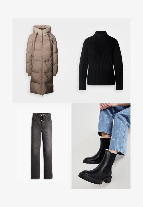 Mos Mosh Dunfrakker - savannah tan; Sort turtleneck sweater lavet af ribbet stof. Har lange ærmer og et tætsiddende design med en højere halsudskæring. Blød tekstur.; Sorte højtaljede jeans med lige ben-design, lavet af denim. Features en knaplukning, kobberdetaljer og kontrastsyninger.; Sorte læder ankelstøvler med elastiske sidepaneler, teksturerede klodsede såler og lammeskindforing øverst, parret med lyseblå dekorerede jeans.