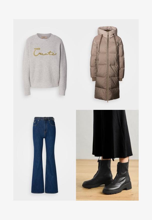 Mos Mosh Manteau en duvet - savannah tan; Pull en maille côtelée grise avec un col rond et des manches longues. Présente le mot "Create" en lettres dorées sur le devant.; Jeans en denim bleu évasés avec une taille haute, des coutures contrastées et une ceinture tissée au design tressé. Texture lisse et style classique.; Bottines en cuir noir avec une semelle plateforme épaisse et une fermeture éclair à l'avant. Texture lisse avec un design minimaliste.