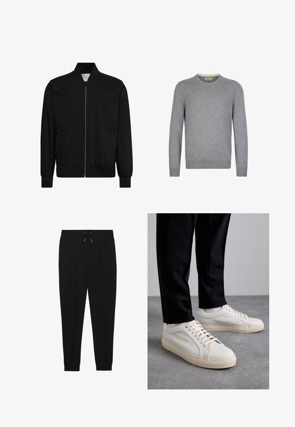 Blouson bomber noir avec fermeture éclair sur le devant, col côtelé, poignets et ourlet, et poches latérales zippées.; Pull gris à manches longues en mailles douces. Encolure ras du cou, poignets et ourlet côtelés, avec un design simple et épuré.; Pantalons de sport noirs avec une taille à cordon de serrage, des jambes fuselées et des poignets côtelés. Fabriqués dans un tissu doux au toucher lisse.; Baskets en cuir beige clair avec des lacets plats, une surface texturée et une semelle en caoutchouc crème contrastante, associées à un pantalon noir fuselé.