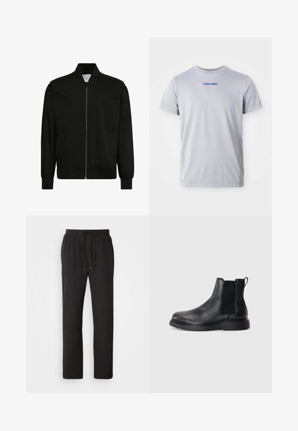 Blouson bomber noir avec fermeture éclair sur le devant, col côtelé, poignets et ourlet, et poches latérales zippées.; T-shirt gris clair à manches courtes en tissu texturé, avec un logo bleu "Calvin Klein" sur la poitrine. Encolure ronde, coupe classique.; Pantalons de jogging noirs en tissu léger, dotés d'une taille élastique avec cordons de serrage réglables et poches latérales. Texture lisse.; Bottes Chelsea en cuir noir avec une finition texturée, des panneaux latéraux élastiques et une semelle en caoutchouc robuste. Branding subtil sur le talon.