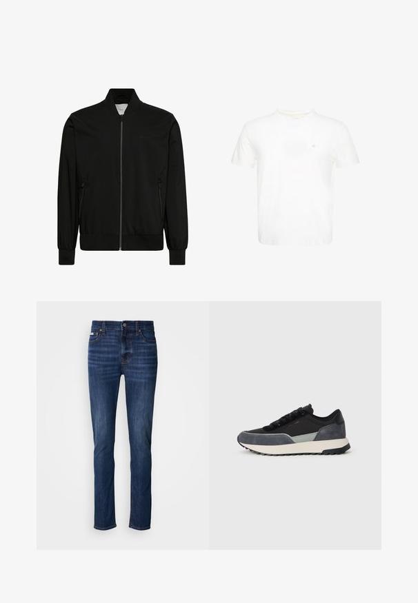 Blouson bomber noir avec fermeture éclair sur le devant, col côtelé, poignets et ourlet, et poches latérales zippées.; T-shirt blanc à manches courtes et col rond avec un petit logo "ck" brodé sur la poitrine gauche.; Jean en denim bleu foncé, coupe droite, avec cinq poches, fermeture par bouton, et coutures apparentes le long des coutures.; Baskets à lacets en tissu noir avec des accents en cuir suédé gris et une semelle intermédiaire épaisse blanche avec un profil en caoutchouc noir.