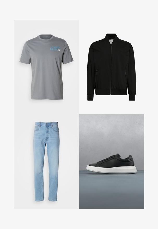 Sort bomberjakke med frontlynlås, ribbet krave, manchetter og kant samt lynlåslommer i siderne.; Grå bomulds t-shirt med rund hals, korte ærmer, med blå "CALVIN KLEIN" tekst trykt på venstre side. Glat tekstur.; Lys blå denim jeans med lige pasform, fem lommer og bæltestropper. Stoffet har en glat overflade med en let falmningseffekt.; Sorte lædersneakers med en glat overflade, hvid gummisål, afrundet form, seks øjer til snørebånd og diskret branding på hælen.