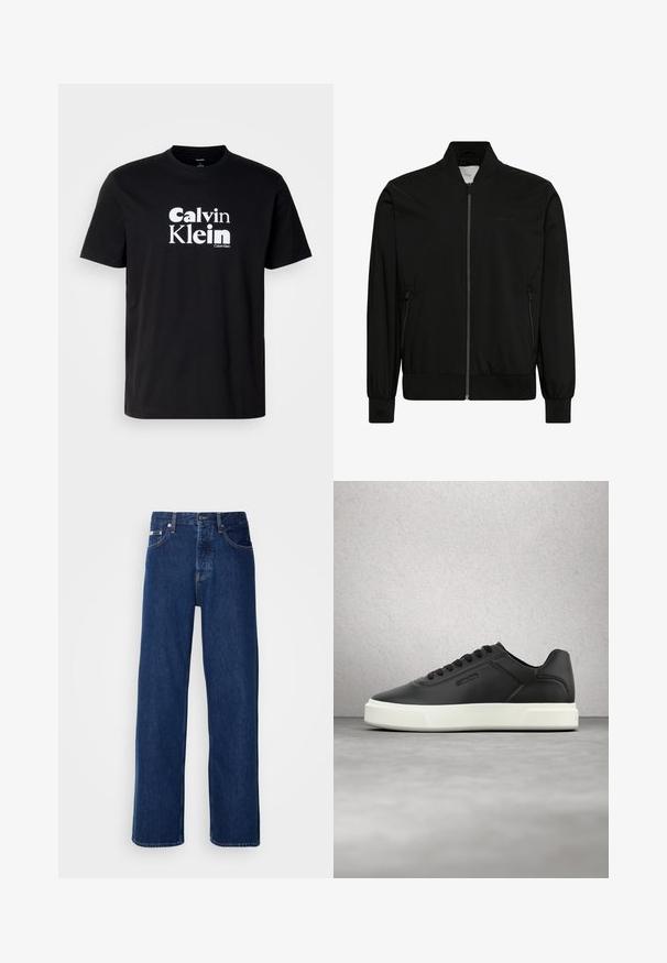 Zwarte bomberjas met rits aan de voorkant, geribde kraag, boorden en zoom, en ritszakken aan de zijkanten.; Zwarte katoenen T-shirt met een opvallend wit "Calvin Klein" logo, ronde hals, korte mouwen en een standaard pasvorm.; Donkerblauwe denim jeans met een wijdbeen ontwerp, voorzien van een knoopsluiting en klassieke vijf-pocket styling. De stof heeft een gladde textuur.; Zwarte leren sneakers met een witte rubberen zool, afgeronde neus en platte veters. Gestructureerde accenten aan de zijkanten, minimalistisch design.