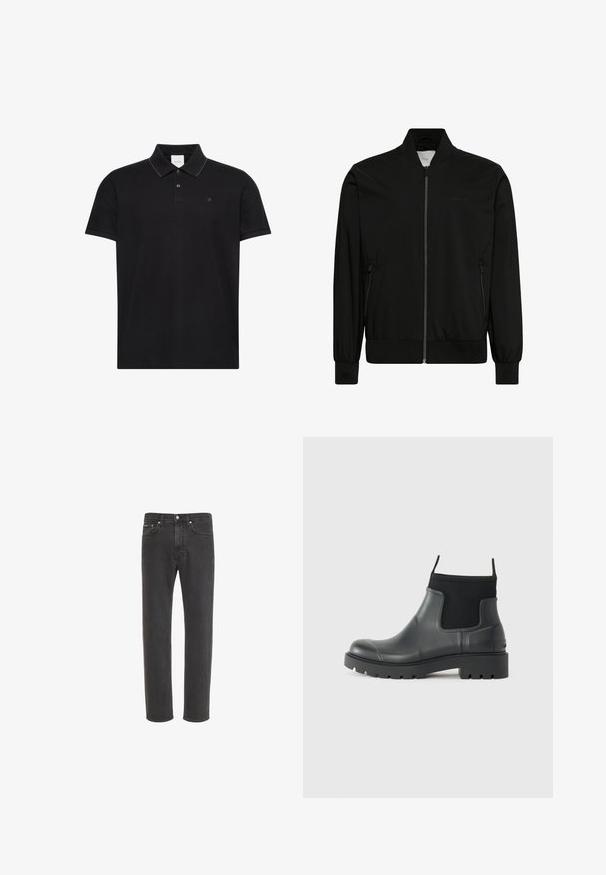 Chaqueta bomber negra con cremallera frontal, cuello, puños y bajo acanalados, y bolsillos laterales con cremallera.; Camiseta tipo polo negra de manga corta con cuello, dos botones, sutil ribete en contraste en los bordes del cuello y pequeño logo "ck" en el pecho.; Vaqueros negros de corte recto con cierre delantero de botón y cremallera, bolsillos delanteros y traseros, mostrados sobre fondo blanco.; Botas de tobillo negras de goma con acabado mate, que presentan un diseño elegante, paneles elásticos y una suela gruesa para mayor tracción.