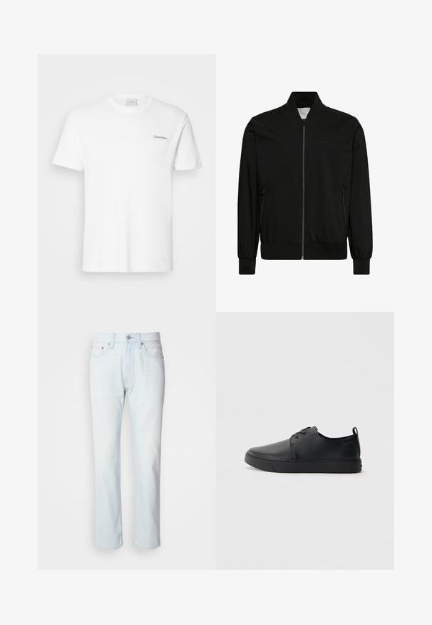Chaqueta bomber negra con cremallera frontal, cuello, puños y bajo acanalados, y bolsillos laterales con cremallera.; Camiseta de algodón blanca con mangas cortas y un escote en forma de cuello redondo. Presenta un pequeño logotipo negro de "Calvin Klein" en el lado izquierdo del pecho.; Jeans de mezclilla azul claro con corte recto. Cuentan con un cierre de botón y pasadores para cinturón, mostrando una textura desgastada y costuras mínimas.; Zapatilla negra de cuero con acabado suave, punta redondeada, costuras a tono, cordones en la parte delantera y suela de goma plana. Asa en el talón.