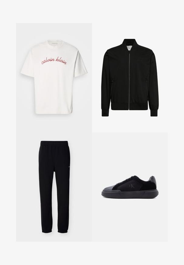 Sort bomberjakke med frontlynlås, ribbet krave, manchetter og kant samt lynlåslommer i siderne.; Hvid bomulds t-shirt med korteærmer, der har buet rød broderet tekst "calvin klein" tværs over brystet. Klassisk crew neck design.; Sorte joggingbukser med elastisk linning og manchetter. Fremstillet af blødt stof. Har en lille hvid logo på venstre side.; Sort lav sko med tyk sål, snørebånd foran og diskret "cK"-logo på sidespanden.