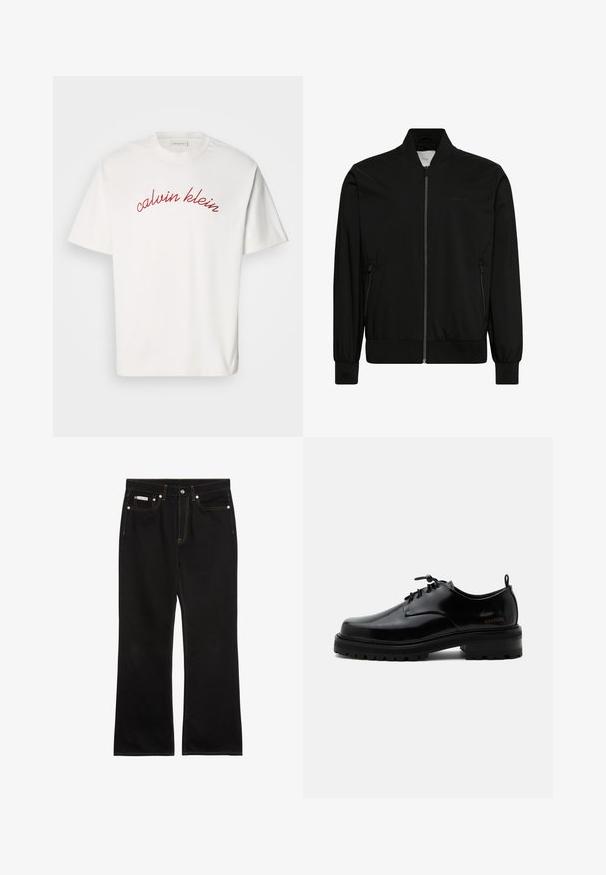 Schwarze Bomberjacke mit Frontreißverschluss, geripptem Kragen, Bündchen und Saum sowie seitlichen Reißverschlusstaschen.; Weißes Baumwoll-T-Shirt mit kurzen Ärmeln, das mit kurvenförmigem, rotem gesticktem Text "calvin klein" auf der Brust versehen ist. Klassisches Rundhals-Design.; Schwarze Jeans mit geradem Bein, oranger Naht, fünf Taschen, Knopfverschluss und kleinem Calvin Klein-Label auf der vorderen rechten Tasche.; Schwarzer polierter Lederschnürschuh mit dicker Gummisohle und niedrigem Absatz, seitlichem Marken-Schriftzug "SAMSOE" und hinterer Zuglasche.