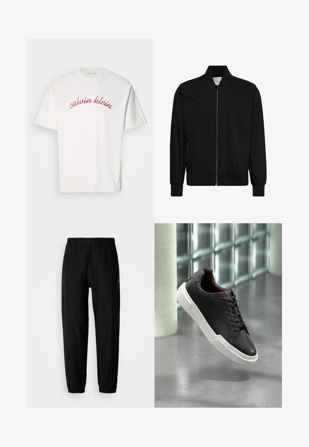 Sort bomberjakke med frontlynlås, ribbet krave, manchetter og kant samt lynlåslommer i siderne.; Hvid bomulds t-shirt med korteærmer, der har buet rød broderet tekst "calvin klein" tværs over brystet. Klassisk crew neck design.; Sorte træningsbukser med elastisk talje, tapered ben og manchetter. Glat stoftekstur. Logo detalje på siden.; Sort lædersneaker med tyk hvid sål, sorte snørebånd, svævende over en grå beton gulv nær en væg med glasblokke.