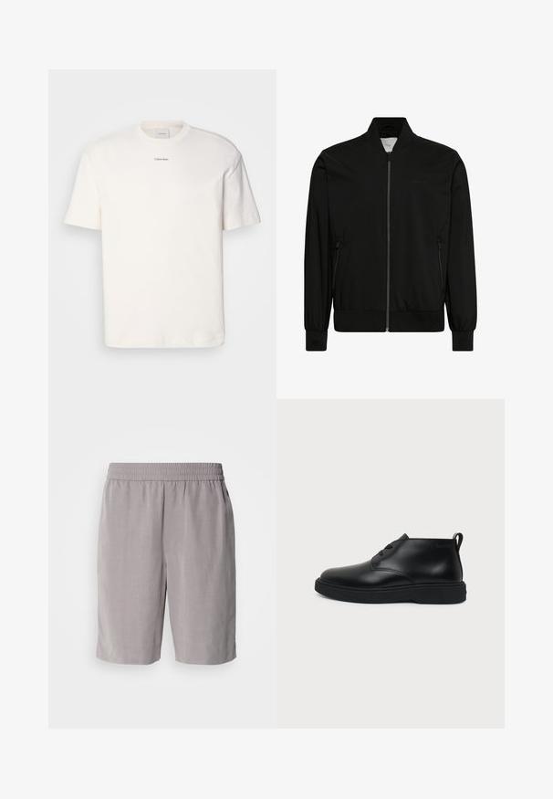 Sort bomberjakke med frontlynlås, ribbet krave, manchetter og kant samt lynlåslommer i siderne.; Hvid bomulds T-shirt med rund hals, korte ærmer og broderet "Calvin Klein" logo i midten af brystet. Enkel design.; Calvin Klein PULL ON - Shorts - steeple gray; Sort læder ankelhøj snørestøvle med tyk gummisål og trækskede ved hælen, vist i sideprofil på en ensfarvet baggrund.