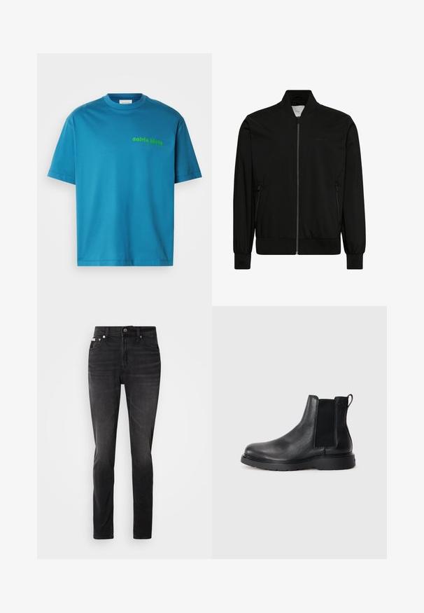 Chaqueta bomber negra con cremallera frontal, cuello, puños y bajo acanalados, y bolsillos laterales con cremallera.; Camiseta de algodón turquesa, con cuello redondo, mangas cortas, que presenta un logo verde de "calvin klein" impreso en la parte frontal. Textura suave.; Vaqueros negros de mezclilla con un ajuste slim, diseño de cinco bolsillos y cierre de botón. Presentan un ligero desgaste y detalles de costura en los bolsillos.; Botas Chelsea de cuero negro con acabado texturizado, paneles laterales elásticos y una suela de goma resistente. Marca sutil en el talón.